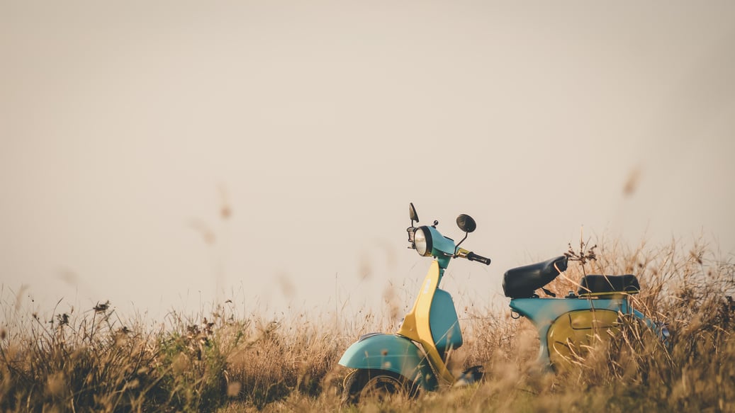 Retro motorbike parked on grassy meadow in nature