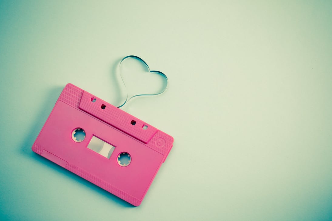 audio cassette with magnetic tape in shape of heart